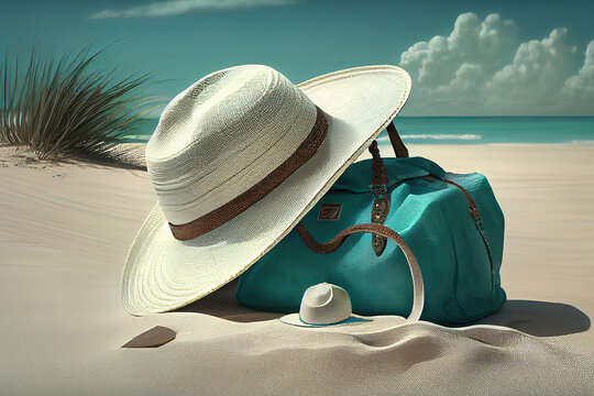 Turquoise bag and white hat on the beach. Generative Ai