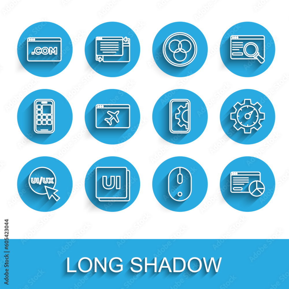 Poster set line ui or ux design, computer mouse, website statistic, template, and development icon. vector