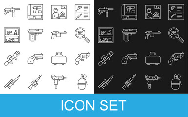 Set line Hand grenade, Small gun revolver, Pistol or search, Advertising weapon, Hunting shop, Submachine M3 and Mauser icon. Vector