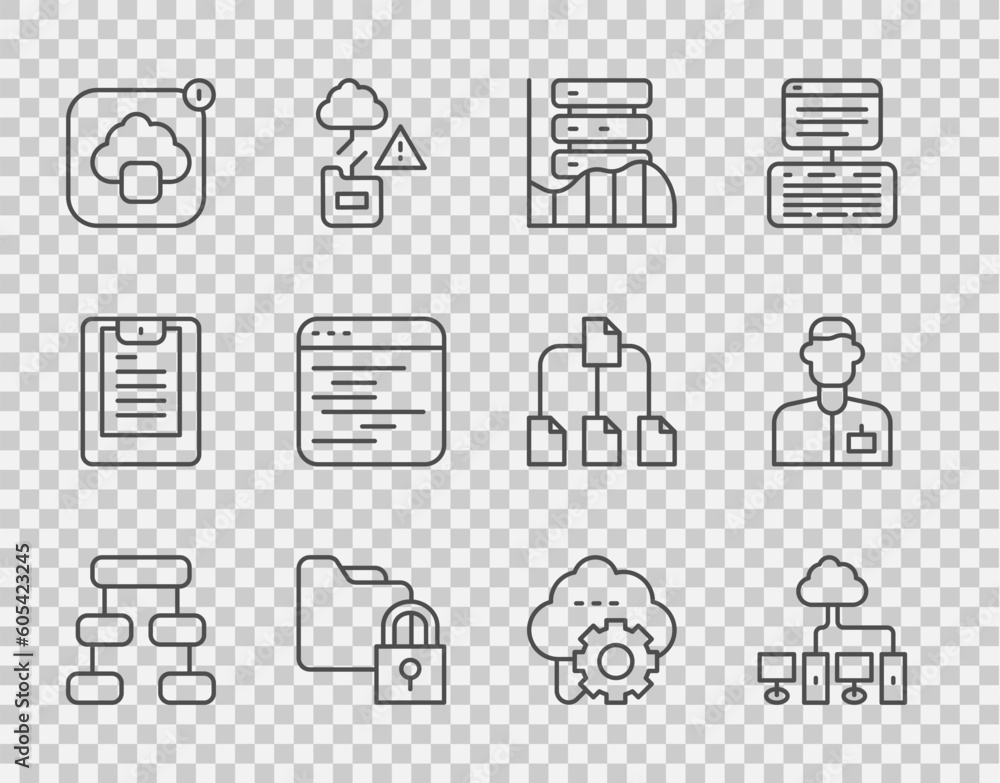 Poster set line hierarchy organogram chart, computer network, server, data, web hosting, folder and lock, c