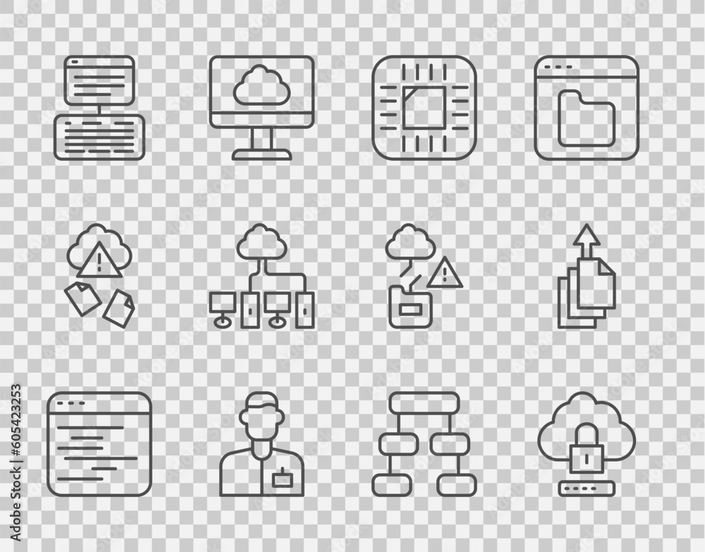 Poster set line software, cloud computing lock, processor with cpu, analyst engineer, server, data, web hos