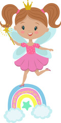 A cute little fairy with a crown and wings runs across the rainbow. Funny cartoon character tooth fairy in a pink dress and with a magic wand. Stock vector illustration isolated on a white background