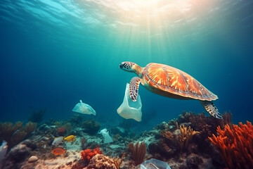 Ocean and sea pollution with plastic concept. Sea turtles swimming in polluted with plastic bags ocean. Polluted colorful coral reefs. Exotic small fishes in background. Generative AI