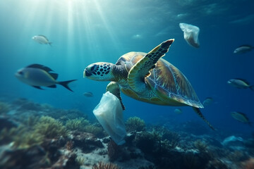 Obraz na płótnie Canvas Ocean and sea pollution with plastic concept. Sea turtles swimming in polluted with plastic bags ocean. Polluted colorful coral reefs. Exotic small fishes in background. Generative AI