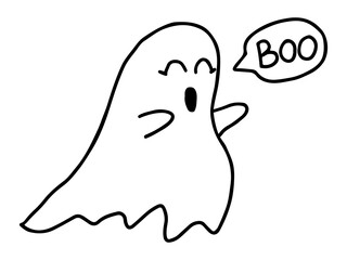 Hand drawn line art of cute ghost with boo speech cloud in doodle style
