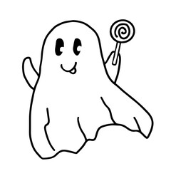 Hand drawn line art of cute ghost with lollipop in doodle style