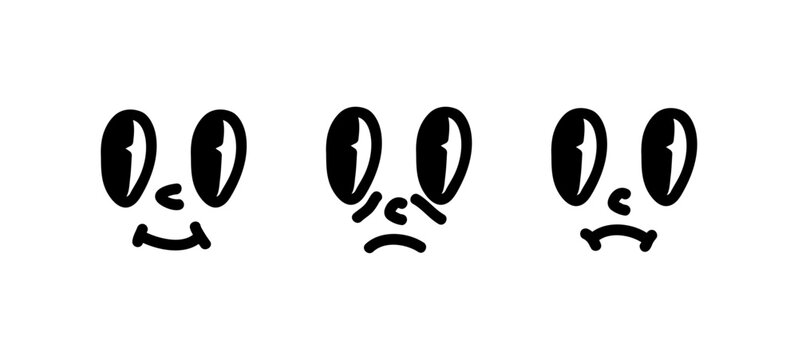 Groovy Cartoon Face, Smiley Set. Happy, Sad and Confused Retro, Vintage, Psychedelic, Acid Vibe (Full Vector)