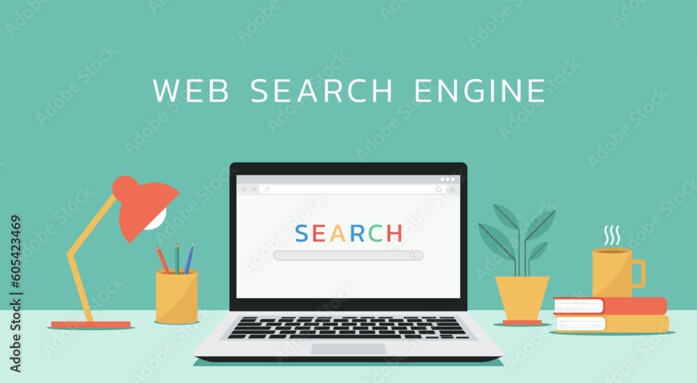 Poster seo search engine optimization or finding website from internet online on laptop screen with magnify