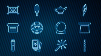 Set line Magic wand, hat, lamp or Aladdin, Pentagram circle, Ancient magic book, carpet, ball and sword fire icon. Vector