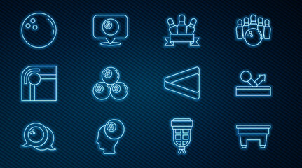 Fototapeta premium Set line Billiard table, ball, Bowling pin, triangle and Location with billiard icon. Vector