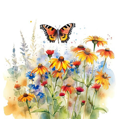 A watercolor painting of a butterfly and flowers. Generative AI.