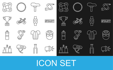 Set line Bicycle head lamp, helmet, Ribbon in finishing line, seat, Award cup with bicycle, chain and Smart watch icon. Vector - obrazy, fototapety, plakaty
