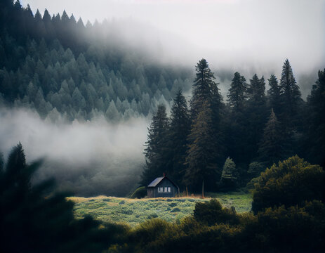 A Serene Cabin in the Misty Woods