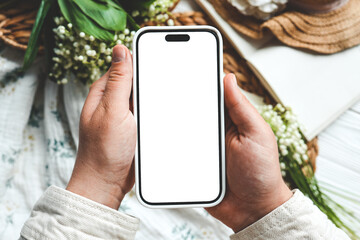 Phone with isolated screen, place for your congratulations, spring decor