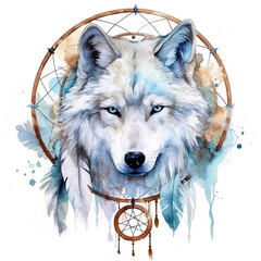 A watercolor painting of a wolf with a dream catcher. Generative AI. Mystical white wolf, moon spirit. - obrazy, fototapety, plakaty
