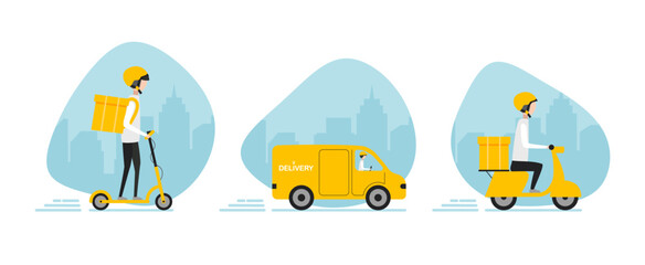 Fototapeta premium Express delivery by van, motorbike, e-scooter. Truck, motorcycle on street background. Different types couriers. Fast shipping service. Order tracking