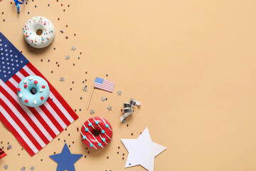 Fototapeta Composition with donuts, USA flags and confetti on beige background. Independence Day celebration obraz