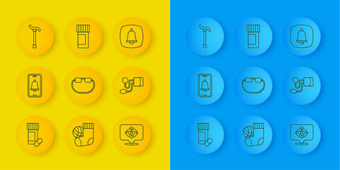 Set line Medicine bottle and pills, Emergency phone call, Eyeglasses, Grandmother, Blood pressure, Walking stick cane, and icon. Vector