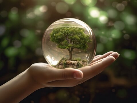 Naturverbundenheit, eine Hand h&auml;lt einen Baum in einer Glaskugel, generative AI.