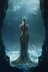 Beautiful mermaid in a dark cave. Fantasy. Iemanjá, yemanjá, odoyá, brazilian goddess of the sea. Back view of a ocean queen.