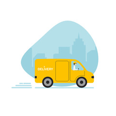 Naklejka premium Express delivery by van. Truck on a street background. Fast shipping service icon. Online order tracking. Vector illustration isolated.