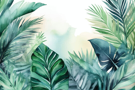 Vector hand drawn watercolor background with tropical plants
