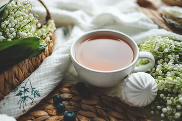 Cup of hot tea and spring home interior. good morning concept