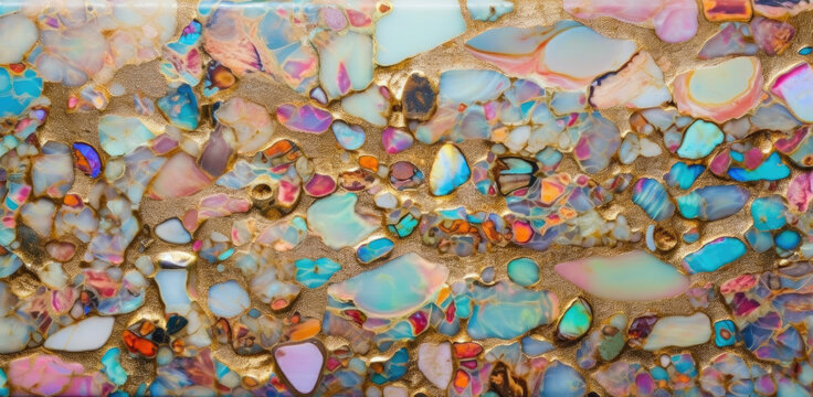 Iridescent opal stones and golden glitters. Generative AI