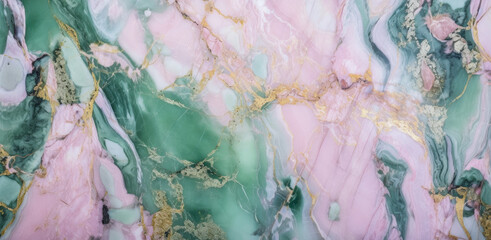 Mint green and pastel pink marble texture with golden stripes. Generative AI