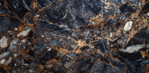 Black and deep blue marble surface with golden glitters. Generative AI