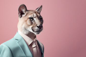 Cougar wearing mint green suit on pastel pink background. Generative AI - 605425065