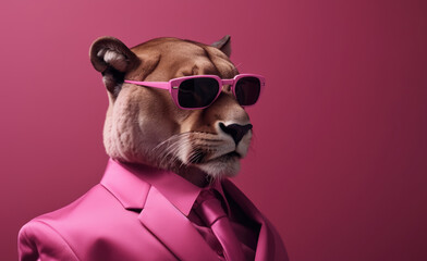 Portrait of puma wearing magenta pink suit and sunglasses. Generative AI - 605425073