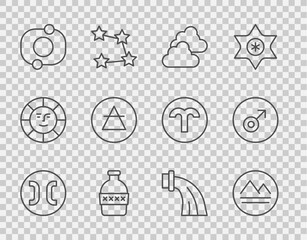 Set line Pisces zodiac, Earth element, Cloudy weather, Bottle of water, Solar system, Air, Aquarius and Mars symbol icon. Vector