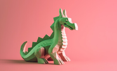 Green wooden dragon on blush pink background. Generative AI