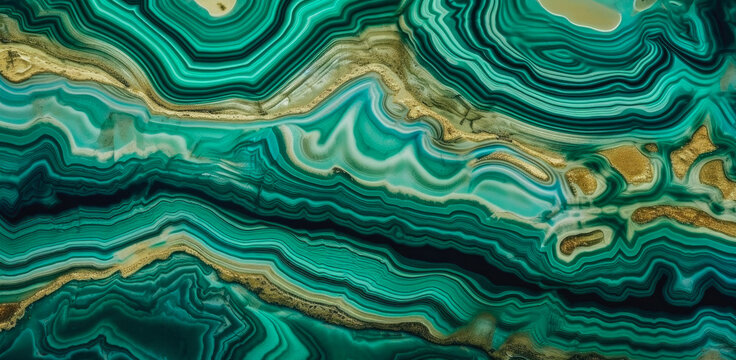 Malachite surface with golden waves. Generative AI