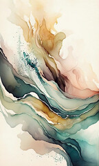Abstract watercolor art waves for poster or background in soft beige green colors. Modern colorful flow motion of paint. Generative AI
- 605425256