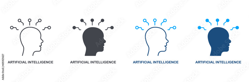 Poster artificial intelligence silhouette and line icon set. ai in human brain pictogram. digital technolog
