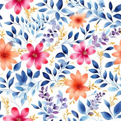 Fototapeta na wymiar Seamless watercolor flowers pattern. Vibrant summer flowers bouquetes on a white background. Generative AI