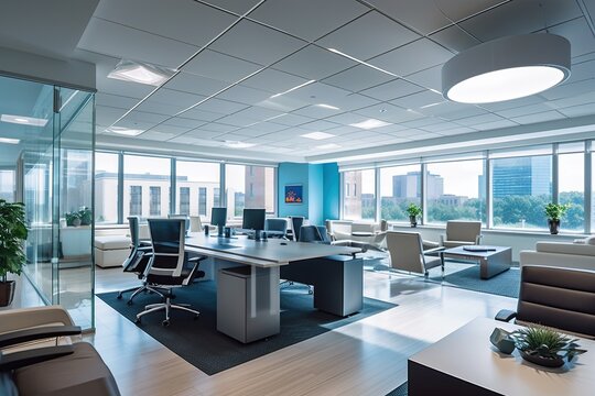 Contemporary office interior with city view, daylight, furniture and equipment created with AI generated