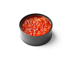 Red salmon caviar in a black tin can on a white background