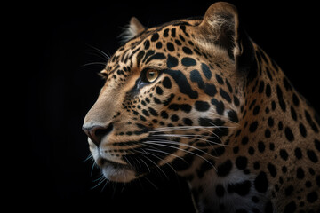 Jaguar looking forward, black background, hyperrealistic photography, ai generated.