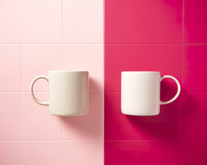 Mockup two white coffe cup or mug on a pink background with copy space. Blank template for your design. White cups on a pink minimalist studio. Realistic 3D illustration. Generative AI