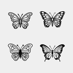 set of Flying butterflies silhouette black set isolated on transparent background
