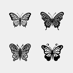 set of Flying butterflies silhouette black set isolated on transparent background