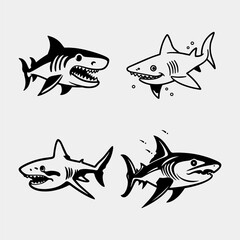 set of Sharks. Cartoon ocean fish character. Comic sharks emotions. Shark fish mascot. Sharks for baby, kids and family