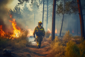 Naklejka premium Faceless Firefighter walks through a blazing forest. Generative AI illustration