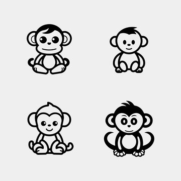 set of Cute baby monkey sitting - isolated on white background