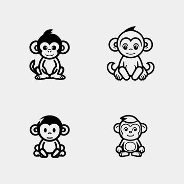set of Cute baby monkey sitting - isolated on white background