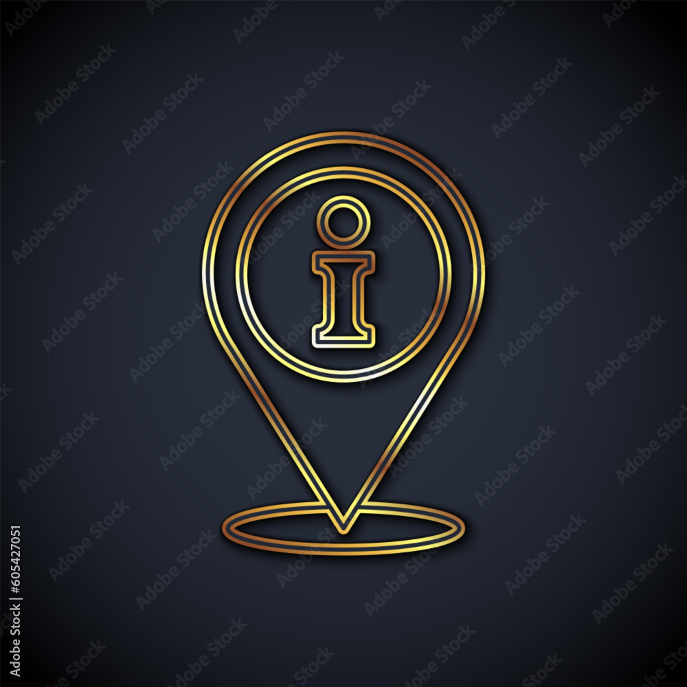 Poster gold line location with information icon isolated on black background. vector