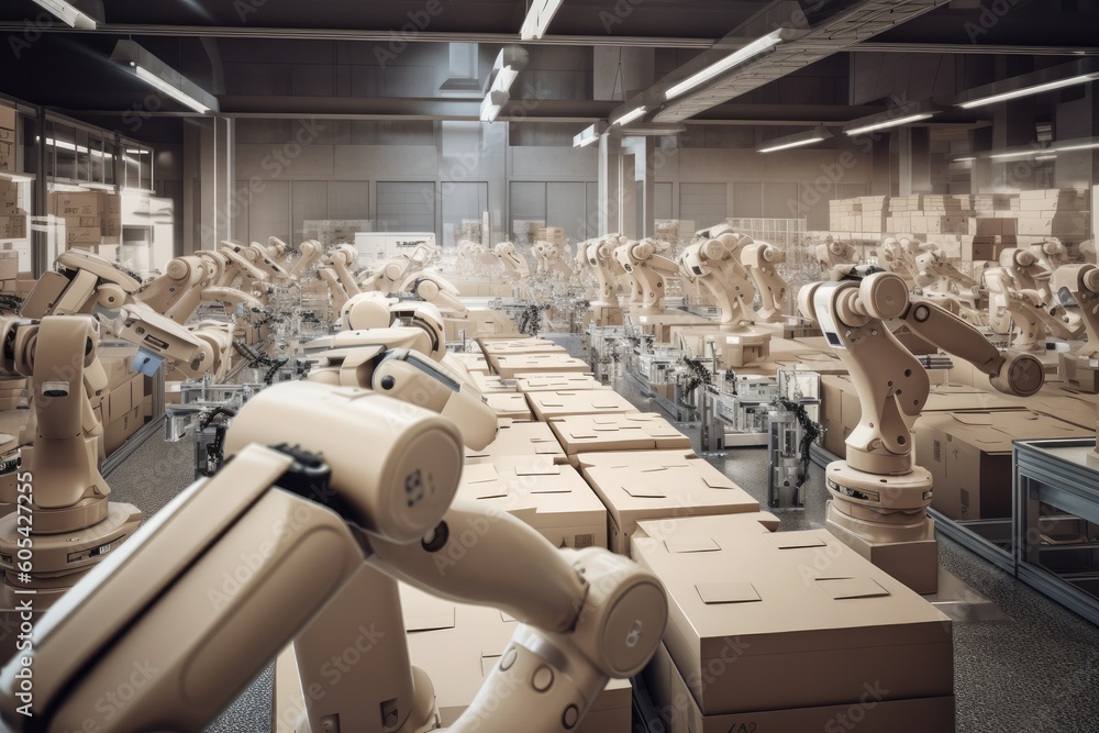 Poster group of robots working together in a factory. generative ai